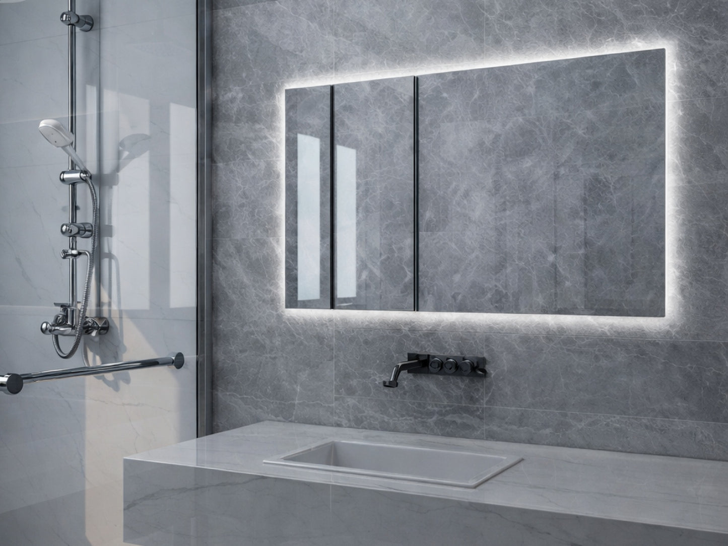 Zrcadlový infrapanel s LED osvětlením MIRROR 450W | Výhřevnost 8 m2 | 80x60 cm | WiFi termostat | Dálkový ovladač | Zrcadlo na šířku
